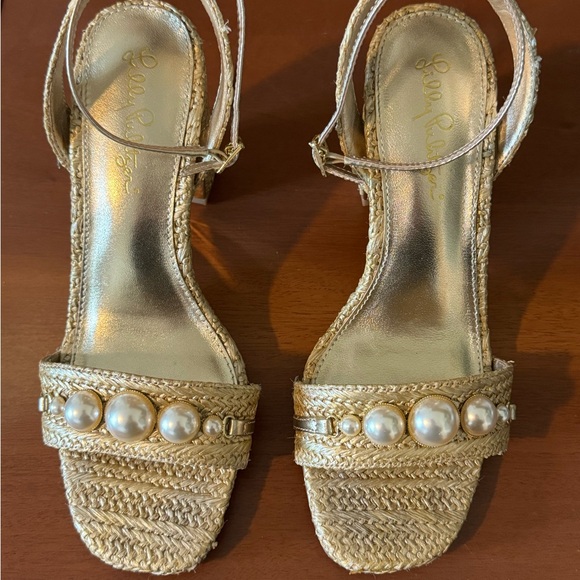 Lilly Pulitzer May Heeled Sandal Raffia Pearl Block Heel Gold Size 6.5 - Picture 5 of 16